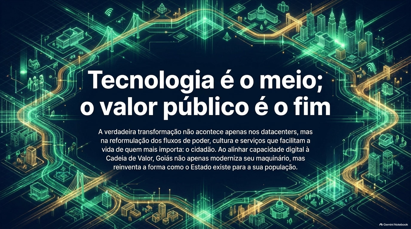 Cidade luminosa estilizada, com pontes, prédios públicos e vias de dados em verde e dourado, ao redor da frase final do artigo.
